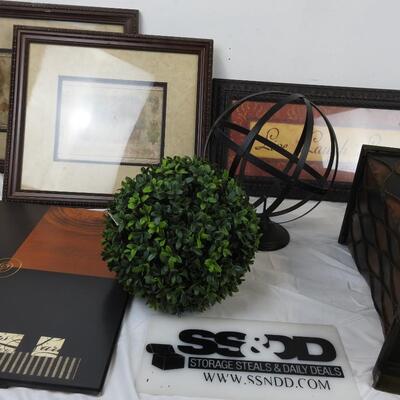 Assorted Picture Frames, Fake Bush and Vase, Metal Ball Decor