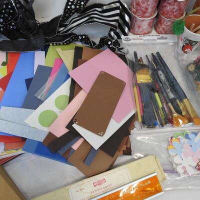 Craft Lot: Cardstock, Ribbon, Paintbrushes, Craft Envelopes, Ceramic Figures