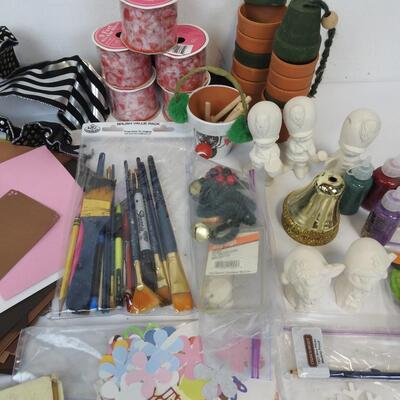 Craft Lot: Cardstock, Ribbon, Paintbrushes, Craft Envelopes, Ceramic Figures