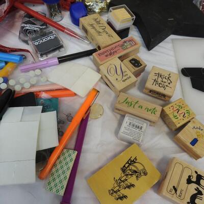 Craft Lot: Thread Organizer, Rubber Stamps, Glue Gun, Ribbons, Paper Punches