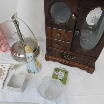 10 pc Decor, Pink Pillow, Desk Lamp, Jewelry Cabinet, Music box