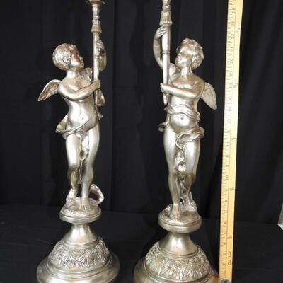 Metal Candlesticks and. Centerpiece Statue Set Signed Nino