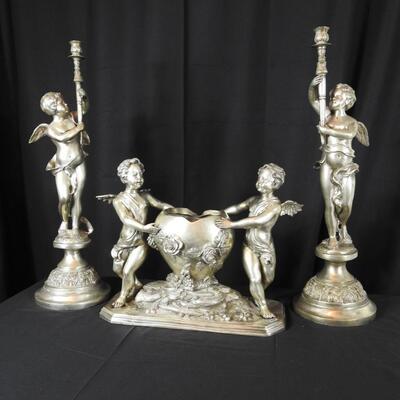 Metal Candlesticks and. Centerpiece Statue Set Signed Nino