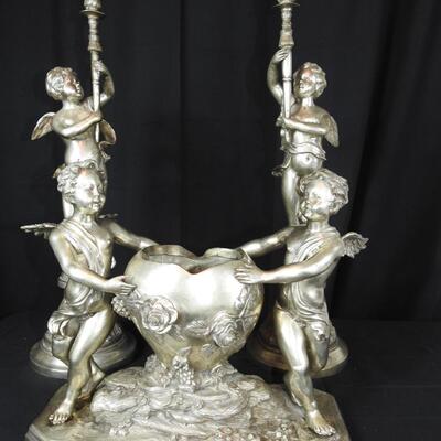 Metal Candlesticks and. Centerpiece Statue Set Signed Nino