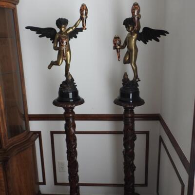 Brass Cherubs on Marble bases  with Wood Stands