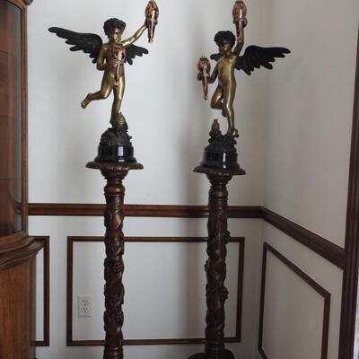 Brass Cherubs on Marble bases  with Wood Stands