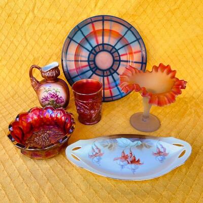 Lot 215cl Group 6 pcs Fall Colors Carnival Glass Painted China Candy Dish Serving