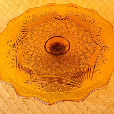 Lot 219cl Amber Golden Glass 2 pcs Pedestal Cake Plate & Pitcher