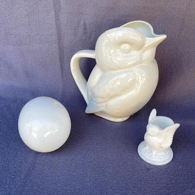 Lot 224cl Group 3 Pcs White Glass & Ceramic Pitcher Owl Toothpick Holder Egg Blown