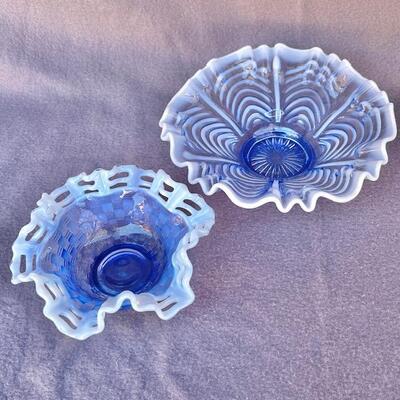 Lot 226cl Blue Pattern Glass Candy Bowls Basket Weave Ruffled Edge