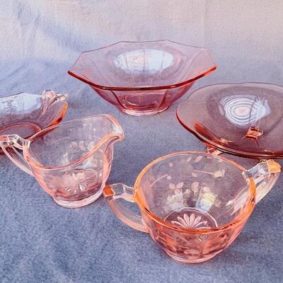 Lot 229cl Pink Depression Glass 5 pcs Creamer Sugar Footed Candy