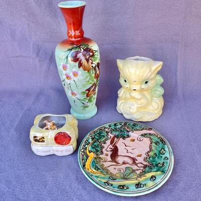 Lot 231cl Group 4 Pcs Antique Glass & Ceramics Vase Plate Souvenir Deco Ashtray