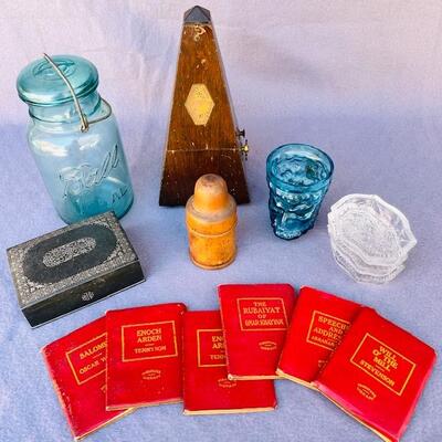 Lot 237cl Group Vintage Items Ball Canning Jar Glass Face Cup Pockets Books Metal Box Metronome