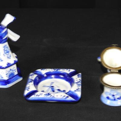 Delft Windmill Trinket Box Set with Ashtray