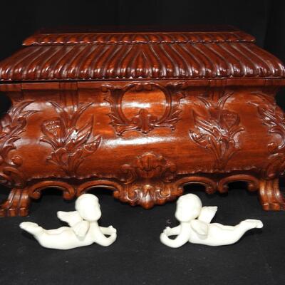 Wood Treasure Box and Pair of Cherubs