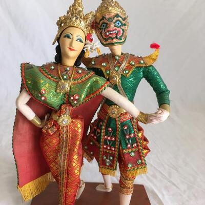 Vintage Pair Asian Thai Siam Dancers Soft On Wood Stands 1967. Gold Mask.