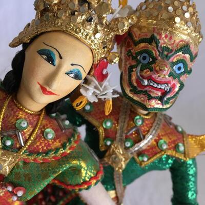 Vintage Pair Asian Thai Siam Dancers Soft On Wood Stands 1967. Gold Mask.