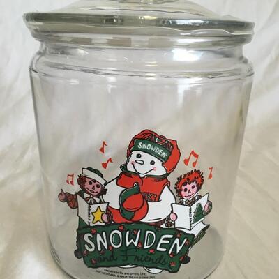 New has Seal Vintage Snowden & Friends Glass Cookie Jar 1990's Raggedy Ann Andy Snowman