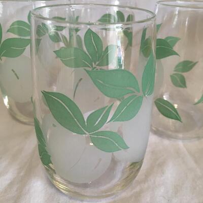 Vintage Libbey Juice Glasse Set4Jadite Green w/ White Peaches A-9