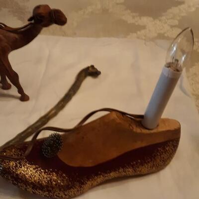 Lot Includes Leather Camel, Wooden Shoe light, and Shoe Horn