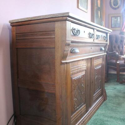 Antique Marble Top Carved Wood Sideboard Buffet Cabinet