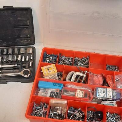 Lot  232  Socket Set and Divided Box of Miscellaneous Fasteners