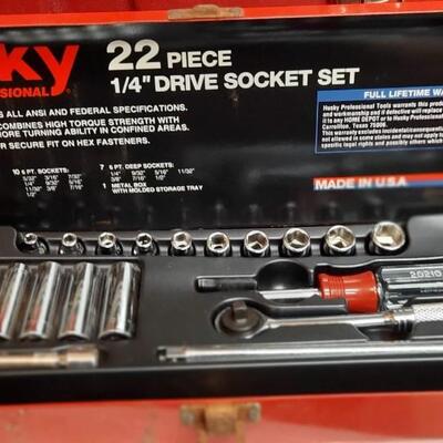 Lot 233  Plastic Tool Box, Screwdriver Set w/ Bit, Electric Screwdriver, and Husky Socket Set