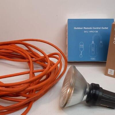 Lot 238  Heavy Duty Cord, Outdoor Remote COntrol Outlet, & Flood Light