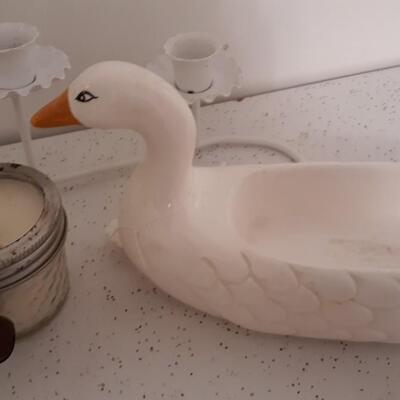Lot of Decor -candleholder, duck soap dish, two small candles