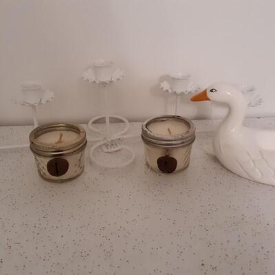 Lot of Decor -candleholder, duck soap dish, two small candles