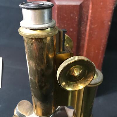 Lot 25: Antique Bausch & Lomb Brass Microscope With Wood Case & More