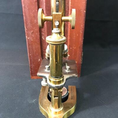 Lot 25: Antique Bausch & Lomb Brass Microscope With Wood Case & More