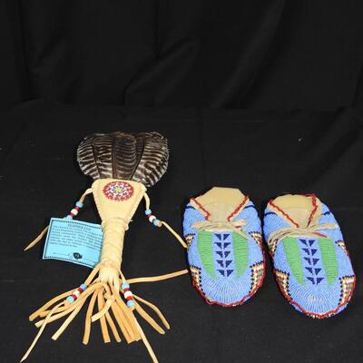 Native American  Beaded Moccasins and Wing Fan