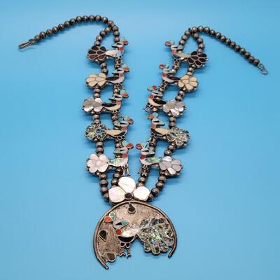 Lot PV 5: Handcrafted Native American Southwestern Zuni Peacock Squash Blossom Necklace