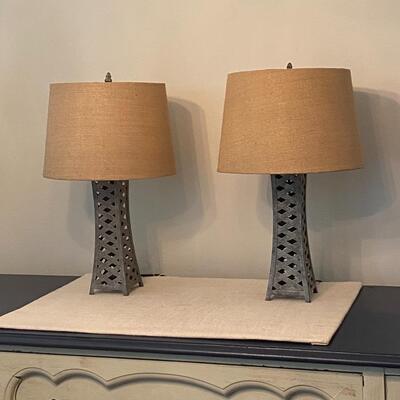 Pair of Galvanized Oil Rig Style Lamps with Burlap Shades