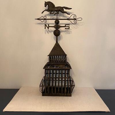 Rustic Bronze Metal Bird Cage with Weather Vane on Top