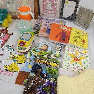 26 pc Baby Toys & Books. Placemats, Cups, Frames, Photo Books