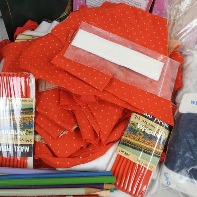 Crafts Lot: Stickers, lace, material, colored pencils, book picture holder, etc