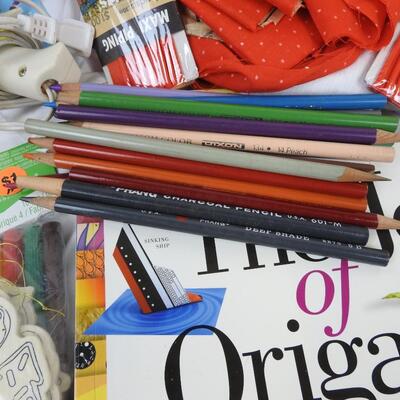 Crafts Lot: Stickers, lace, material, colored pencils, book picture holder, etc