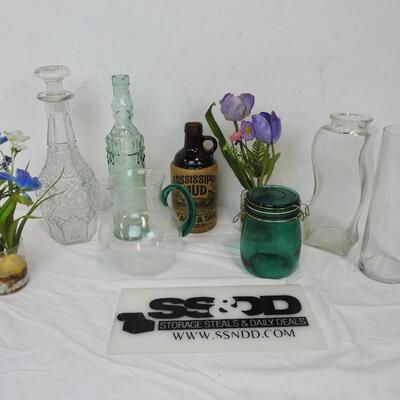 9 pc Home Decor: Vases, Canister, Mississippi Mud, Faux Flowers