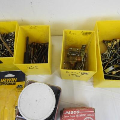 17 pc Household Lot, Nails, Screws, Pressure Gauge, Cable Staples