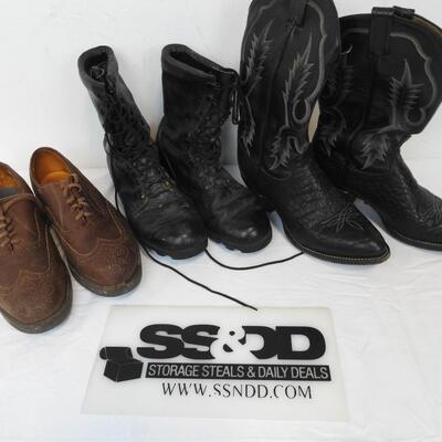 2 Pairs of Boots Size nine and Brown Dress Shoes: Leather?