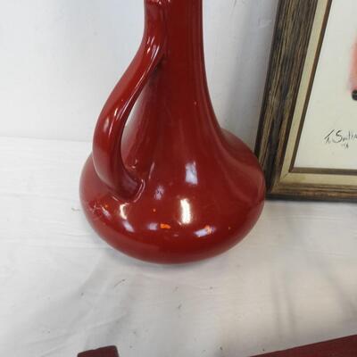 8 pc Home Decor, Red Vase, Red Shelf, Paintings