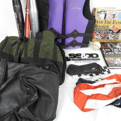 10 pc Sports Lot, Books, Bats, Flotation Aid, Duffel Bags