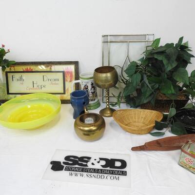 Decor Lot: Basket, Chalice and Fake Planters, Glass Cups