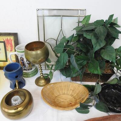 Decor Lot: Basket, Chalice and Fake Planters, Glass Cups