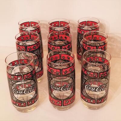 Lot #136  Set of 9 "Stained Glass" Coca-Cola glasses - vintage