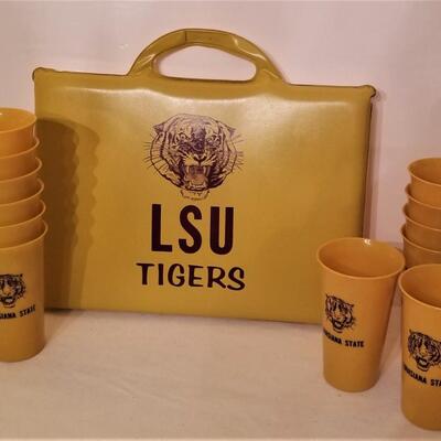 Lot #141  Vintage LSU Stadium Cushion and Matching glasses