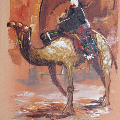 Beautiful Signed Arab Camel Rider Oil Painting