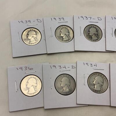 [111] Silver Quarters | Ten Washington Quarters | 1934-1939 | G - VG+